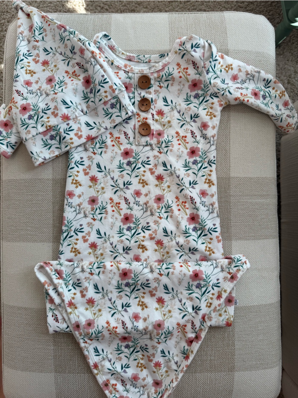Caden Lane White Floral gown with Pink, Orange, Green Accents